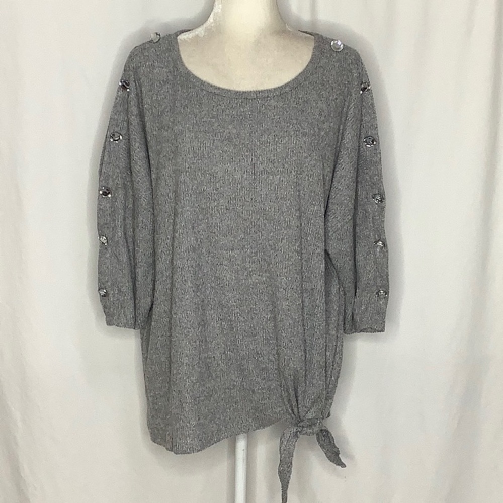 New York Laundry Gray Ribbed Blouse With Tie And Bling Detail Size 3X